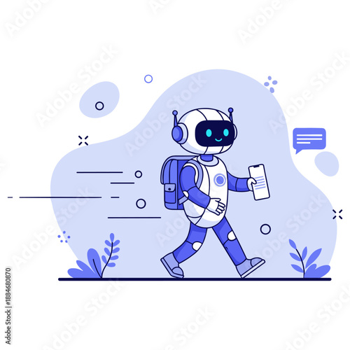 Robot messenger walking with smartphone in hand