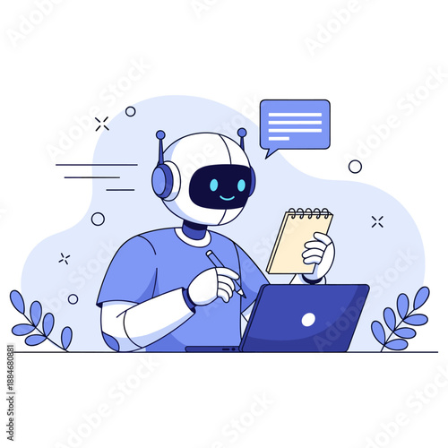 Robot writing notes on laptop with speech bubble in blue and white illustration