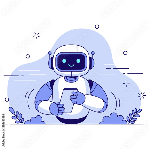 Friendly robot with digital tablet in futuristic blue environment