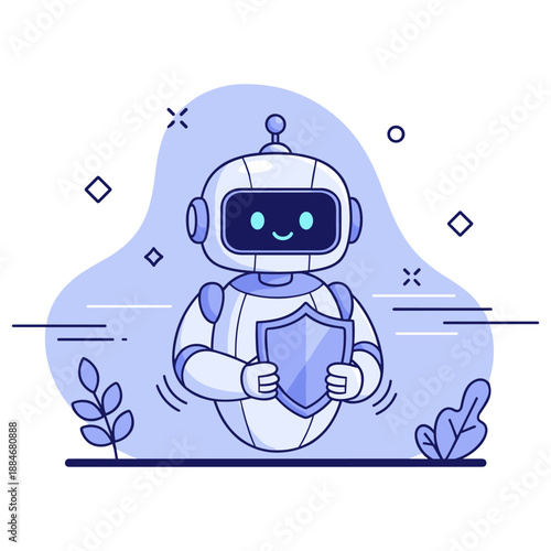 Friendly cartoon robot holding shield with blue background