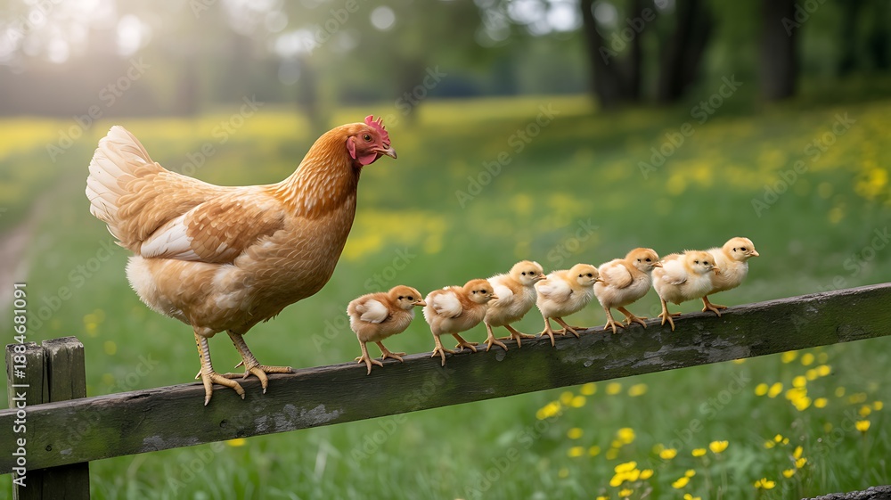 Fototapeta premium A mother hen leading her chicks along a rustic fence in a lush green field