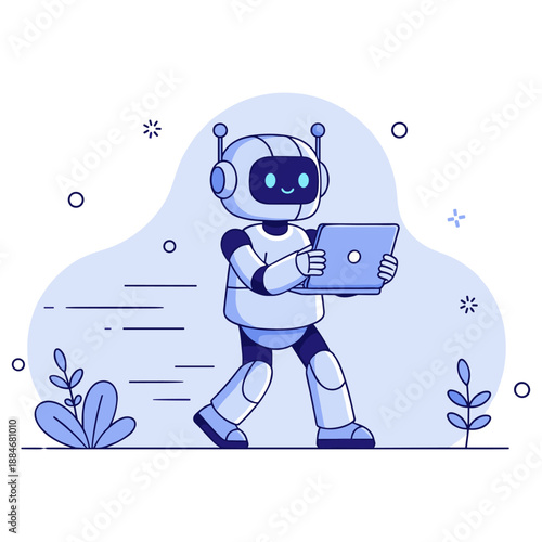 Cute robot reading book in nature - cartoon illustration with blue tones