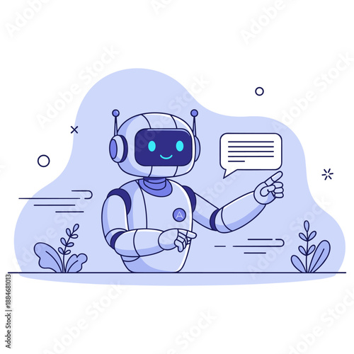 Friendly blue robot communicating with speech bubble in futuristic setting