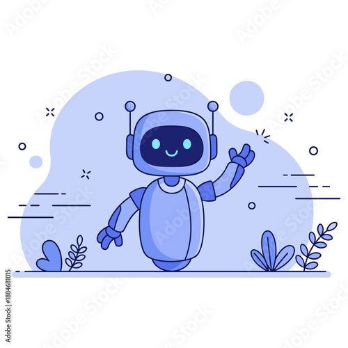 Cute blue robot waving among abstract shapes and plants