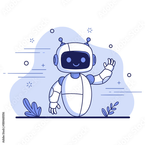 Cute cartoon robot waving in minimalistic blue background with plants and stars