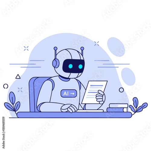 Ai robot analyzing documents at desk in futuristic workspace