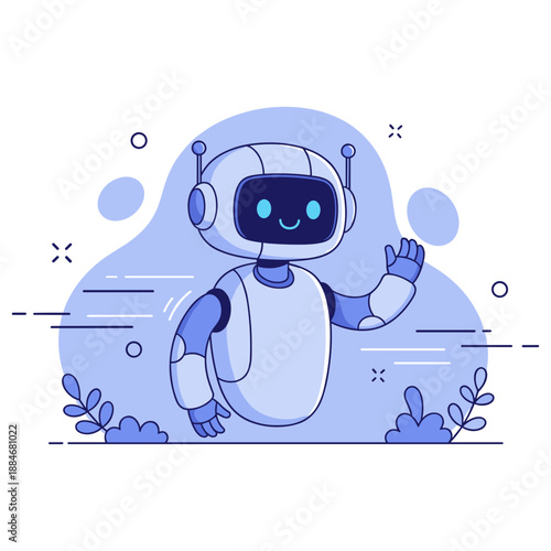 Friendly blue cartoon robot waving with a smile in futuristic background
