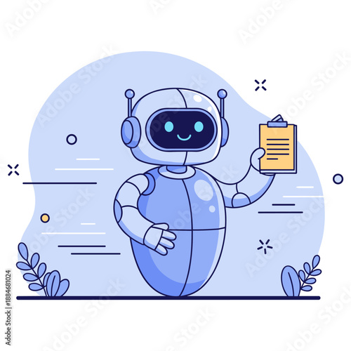 Friendly blue robot with clipboard on abstract background