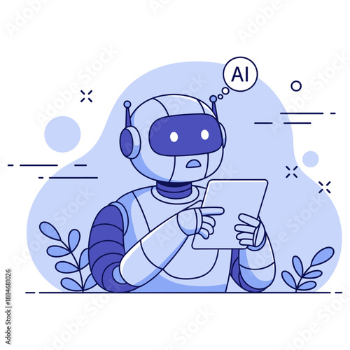 Cartoon robot with tablet in thoughtful pose analyzing ai concept