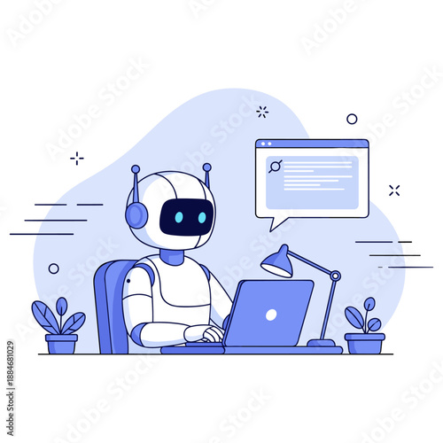Robot working on laptop in modern office with speech bubble and plants