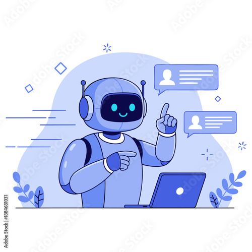 Smiling robot chatbot engaging with users online