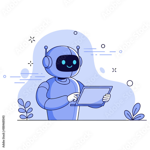 Smiling robot operating tablet in futuristic design scene