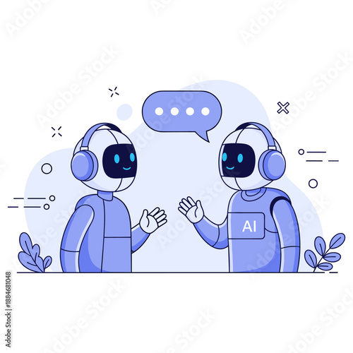 Friendly ai robots chatting with speech bubbles in futuristic setting