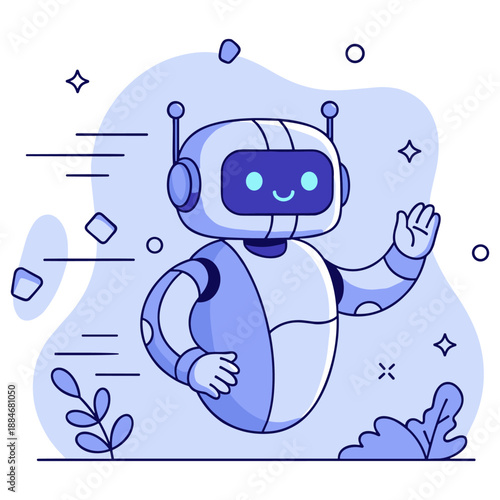 Cheerful cartoon robot greeting with a wave in futuristic blue environment