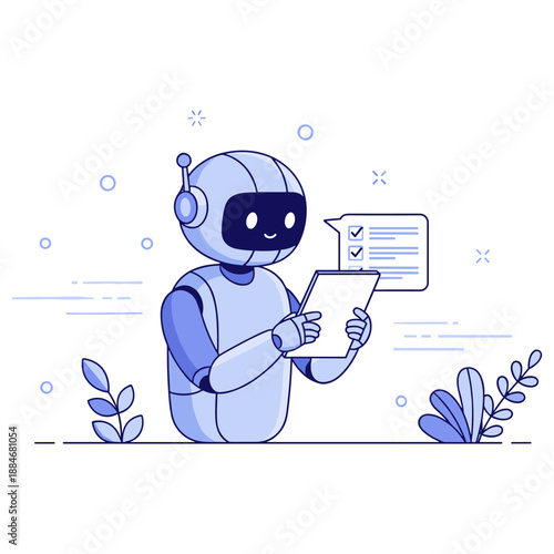 Cute cartoon robot holding clipboard in futuristic setting