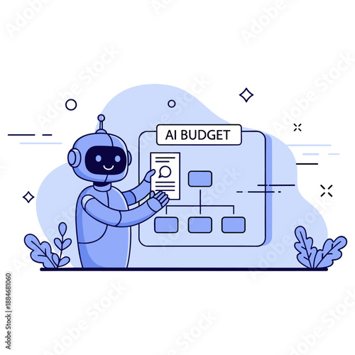 Friendly robot presenting ai budget flowchart in a modern digital design