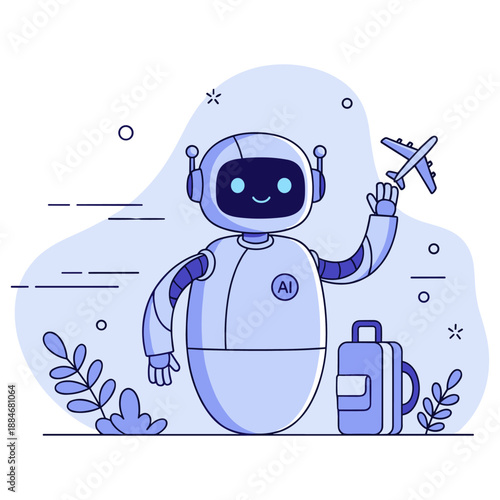 Friendly ai robot waving with suitcase and airplane symbol