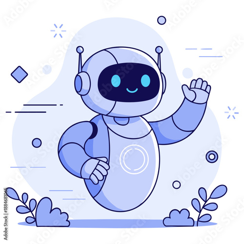 Friendly smiling robot waving hello in blue color scheme with abstract background