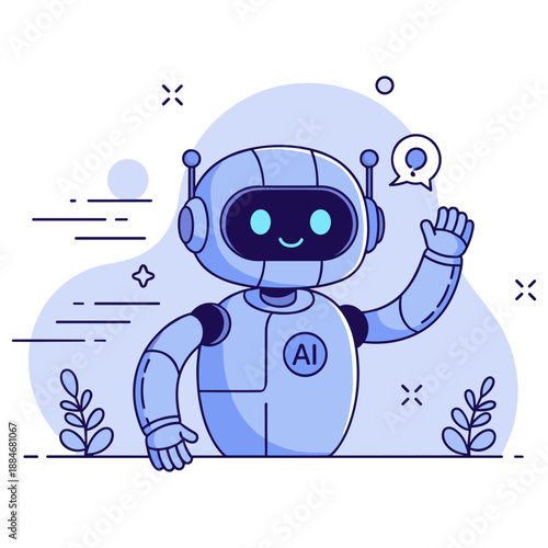 Cute smiling ai robot waving in blue futuristic design with speech bubble