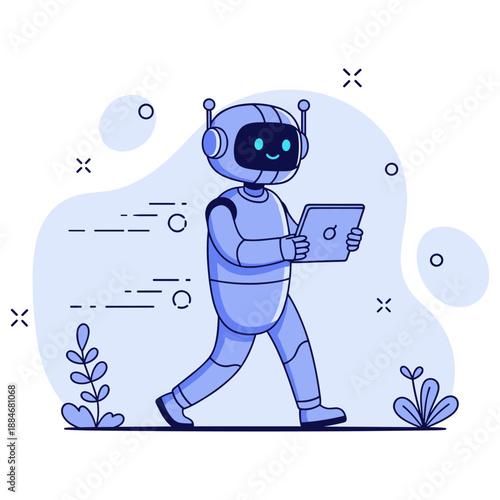 Cute robot walking with tablet in minimalist cartoon style
