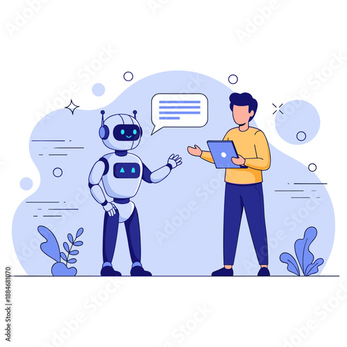 Young male interacting with robot assistant in futuristic setting