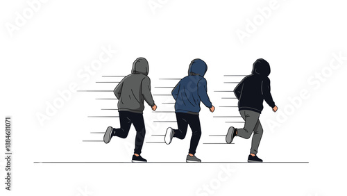 Three hooded figures rapidly running away at high speed, depicted with dynamic motion lines, suggesting urgency, escape, or intense competition.