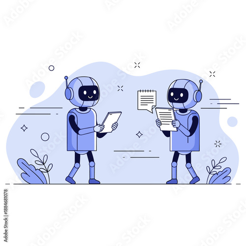 Two robots communicating with documents and devices in a tech-themed setting