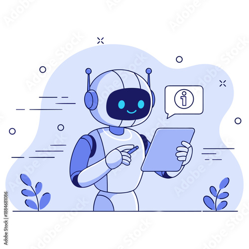 Friendly blue and white robot with tablet communicating information in futuristic setting