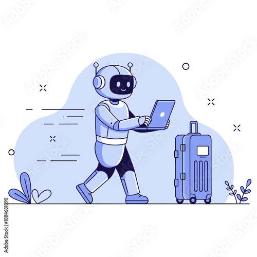 Robot traveling with luggage and laptop in minimalist style