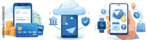 Digital Banking Icons. Mobile-first banking concept illustrated via smartphones, cards, and cloud-connected services, three