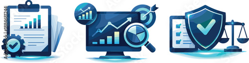 Automated Accounting Icons. Digital accounting services concept expressed through automated reports, analytics, and regulatory