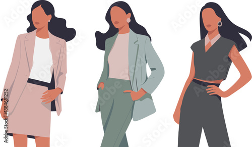 three fashionable women in elegant business attire stand confidently showcasing different modern styles and professional aesthetics high quality