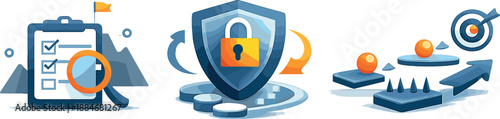 Risk Assessment Icons. Strategic risk assessment scene depicted through evaluation checkpoints and controlled exposure flows,