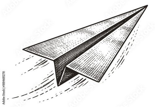 Hand drawn illustration of a paper airplane depicting flight for travel and communication concepts
