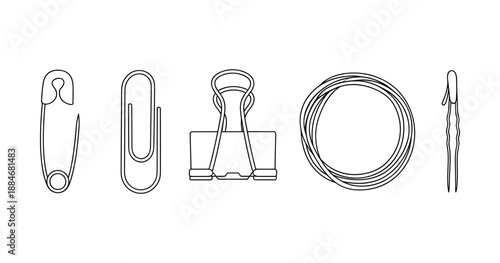 Minimalist line drawing of safety pin, paper clip, binder clip, string, and needle