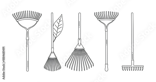 Black and white line drawings of various gardening and leaf rakes on white background