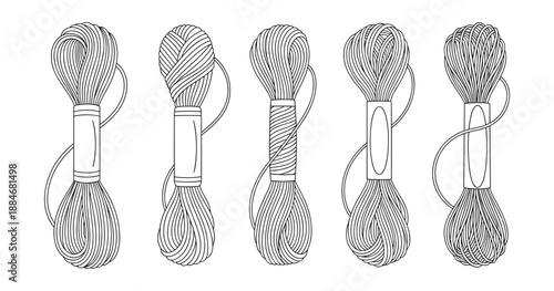Five bundles of twine: line art of coiled cords with various patterns
