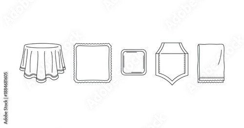 Set of blank outlined textiles: tablecloth, napkin, pocket, towel, apron