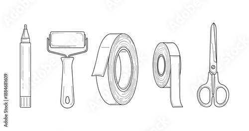 Vector outline of craft tools: marker, roller, tape roll, scissors