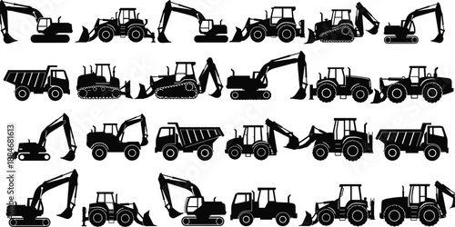 Construction machinery silhouette set featuring excavators loaders bulldozers trucks and tractors isolated on white background vector illustration design