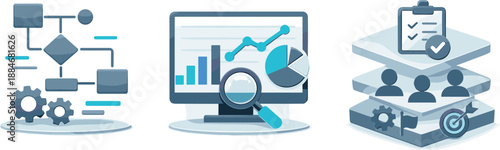 Business Workflow Icons. Business management ecosystem depicted through structured workflows, analytics, and coordinated execution