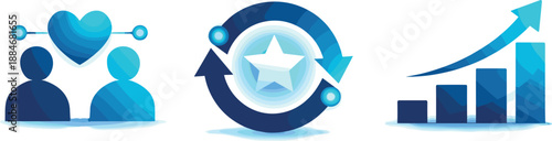 Sales Growth Icons. Long-term sales growth ecosystem expressed through customer relationships, retention, and scalable revenue