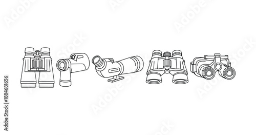 Line art of various binoculars and telescopes for observation