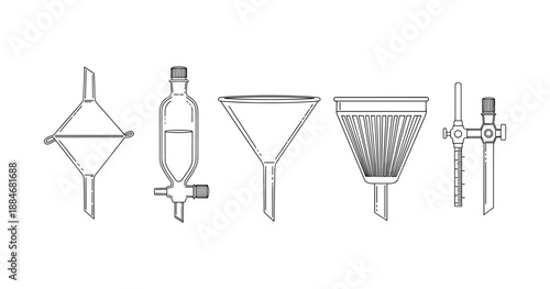 Laboratory glassware: separatory funnel, droplet bottle, filter funnel, buchner funnel, burette illustration