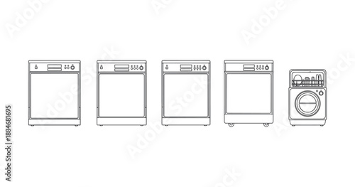 Line art of appliance variations: dishwashers and washer design collection