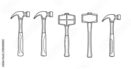 Set of five hand drawn hammer tools with different heads and handles