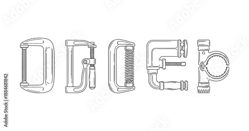 Mechanical clamps forming word clip art: variety of tools and fasteners