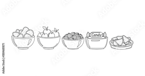 Line art of bowls with fruits, nuts, candy, and snacks