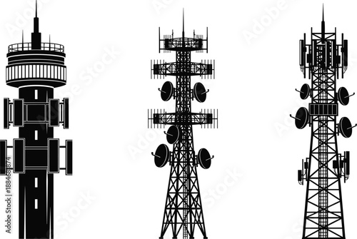 Telecommunication tower silhouette set featuring cellular radio and broadcast antennas isolated on white background black vector illustration design