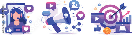 Influencer Marketing Icons. Creator-driven promotion landscape illustrated through trusted voices amplifying brand reach across